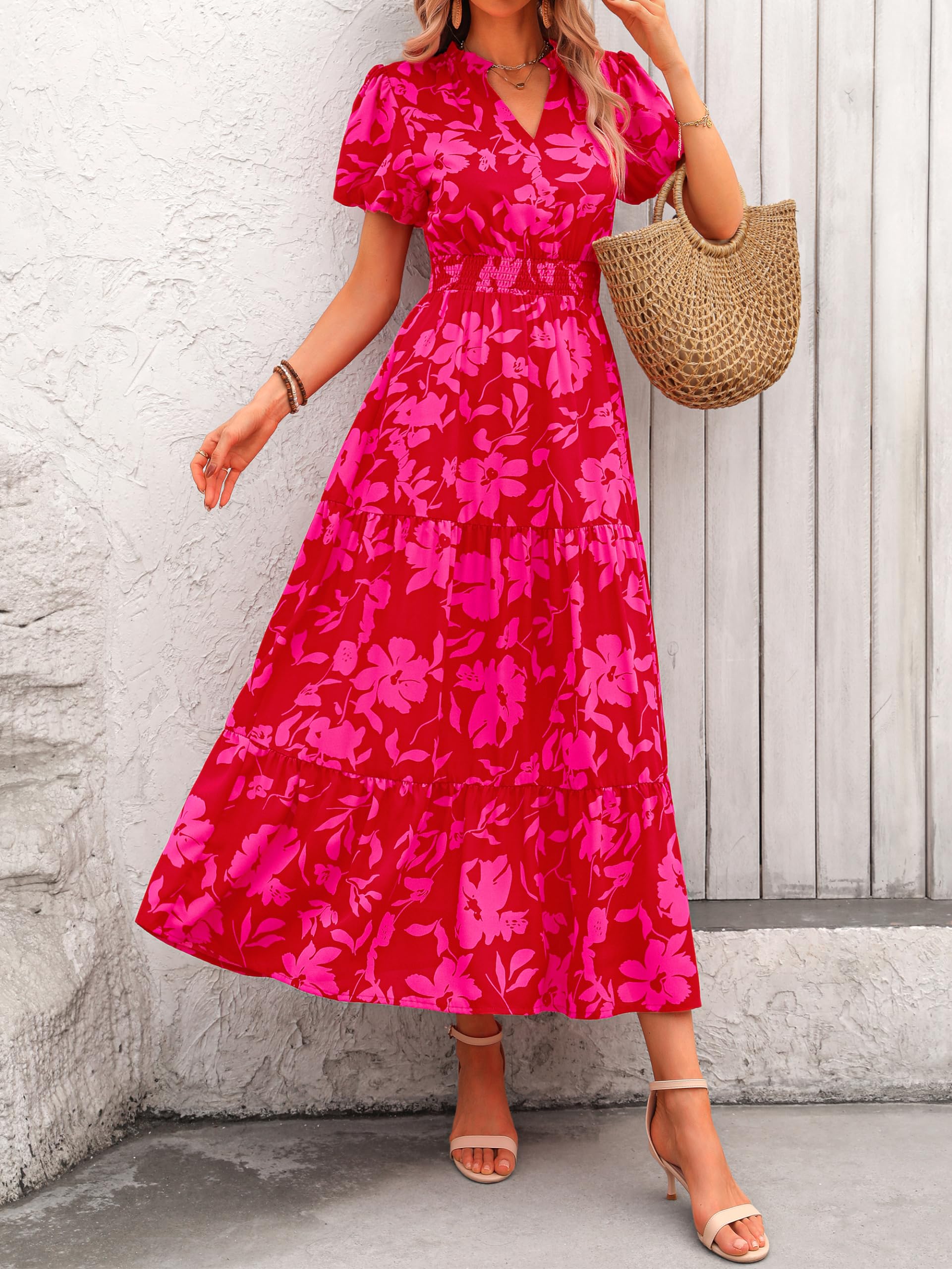 MASCOMODA Summer Maxi Dresses for Women 2026 Casual V Neck Puff Short Sleeve Smocked Flowy Beach Boho Long Floral Dress
