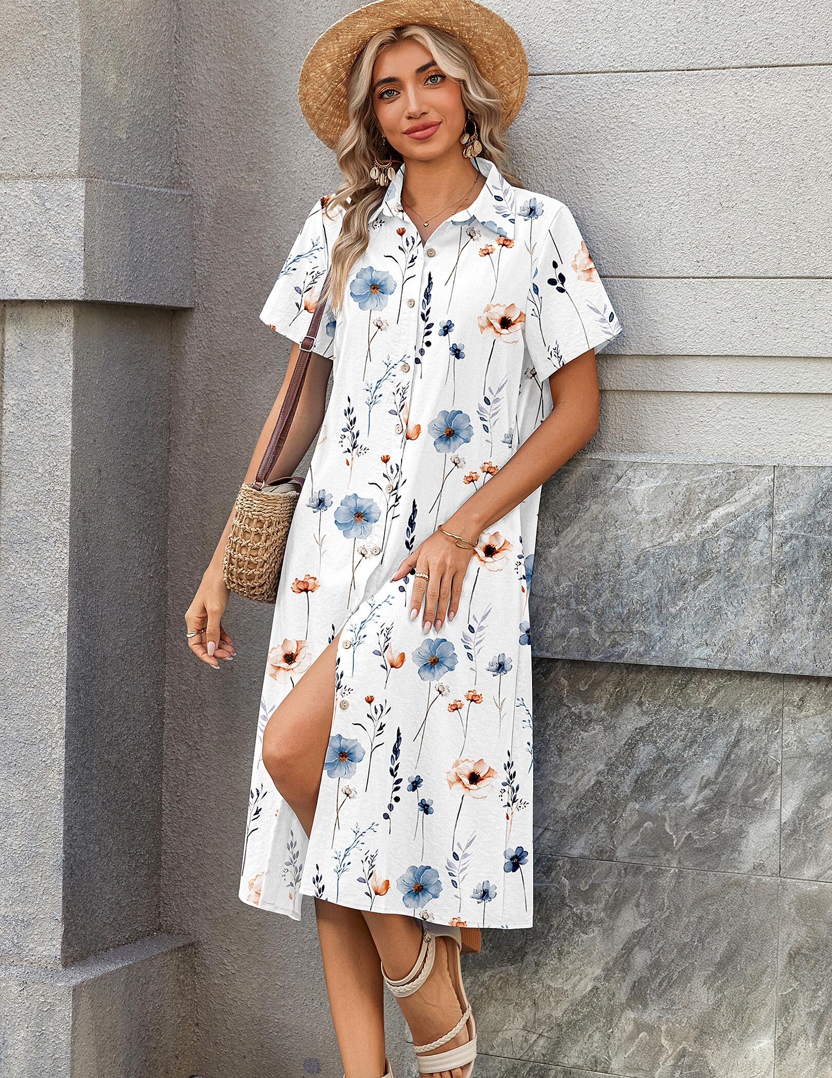 Zeagoo Summer Dresses for Women 2026 Button Down Shirt Dresses Aline Long Sundress Short Sleeve Beach Travel Cover Up