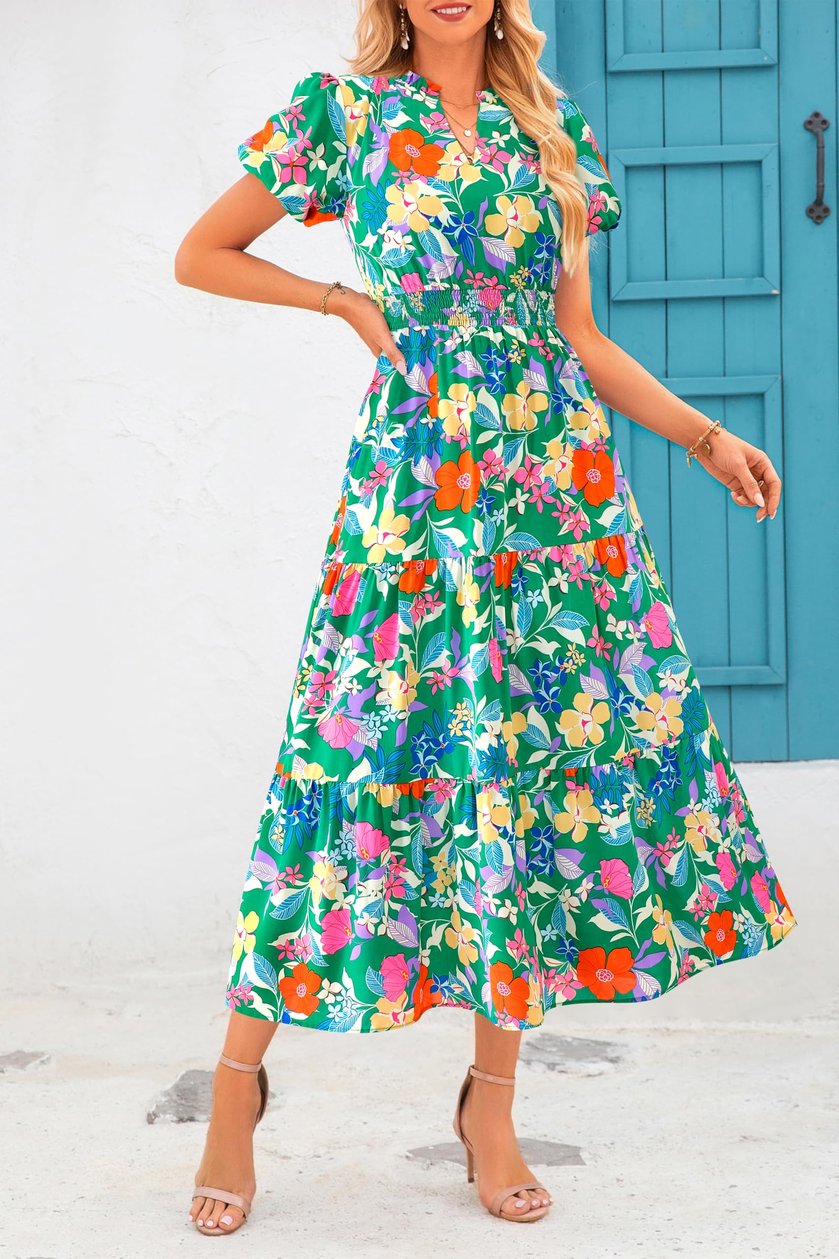 MASCOMODA Summer Maxi Dresses for Women 2026 Casual V Neck Puff Short Sleeve Smocked Flowy Beach Boho Long Floral Dress