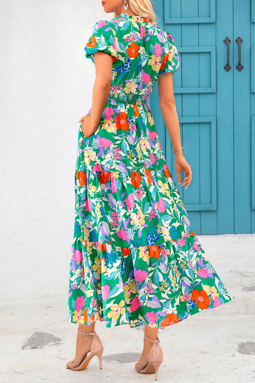 MASCOMODA Summer Maxi Dresses for Women 2026 Casual V Neck Puff Short Sleeve Smocked Flowy Beach Boho Long Floral Dress
