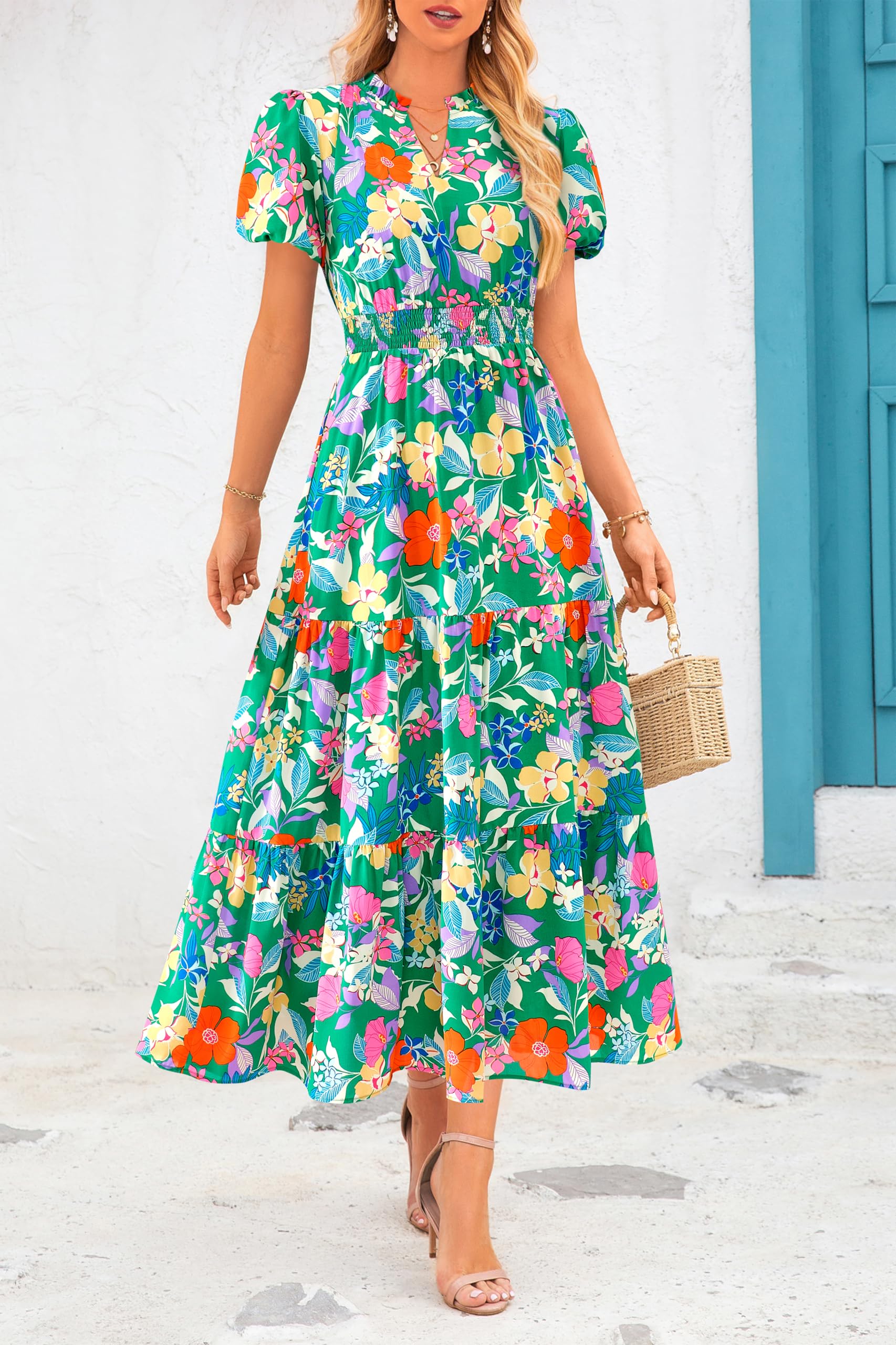MASCOMODA Summer Maxi Dresses for Women 2026 Casual V Neck Puff Short Sleeve Smocked Flowy Beach Boho Long Floral Dress