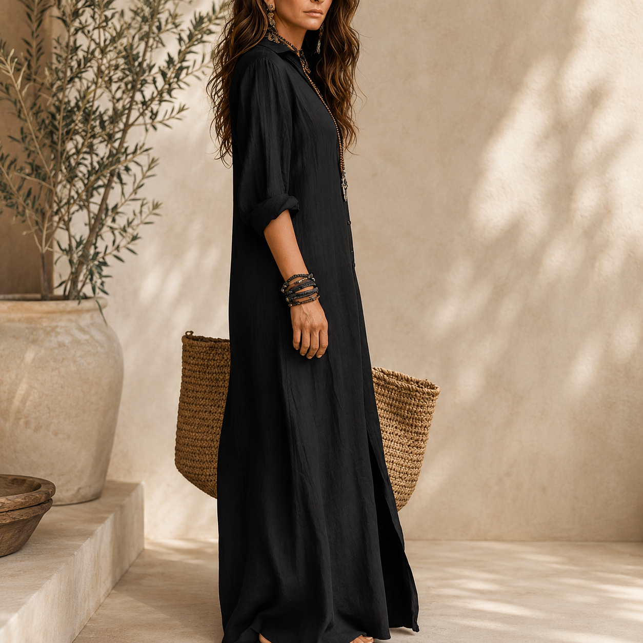 Women's Button-Front Maxi Shirt Dress – Collared Casual Dress