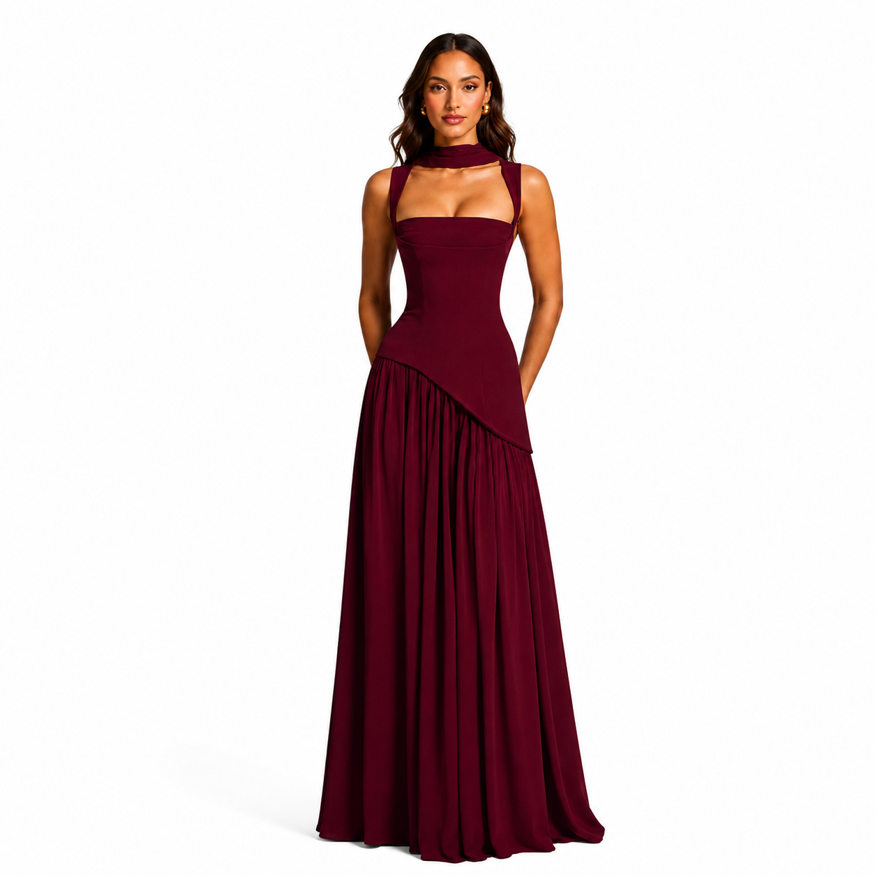 Women's Draped Satin Cocktail Maxi Dress – Sculpted Elegant Silhouette