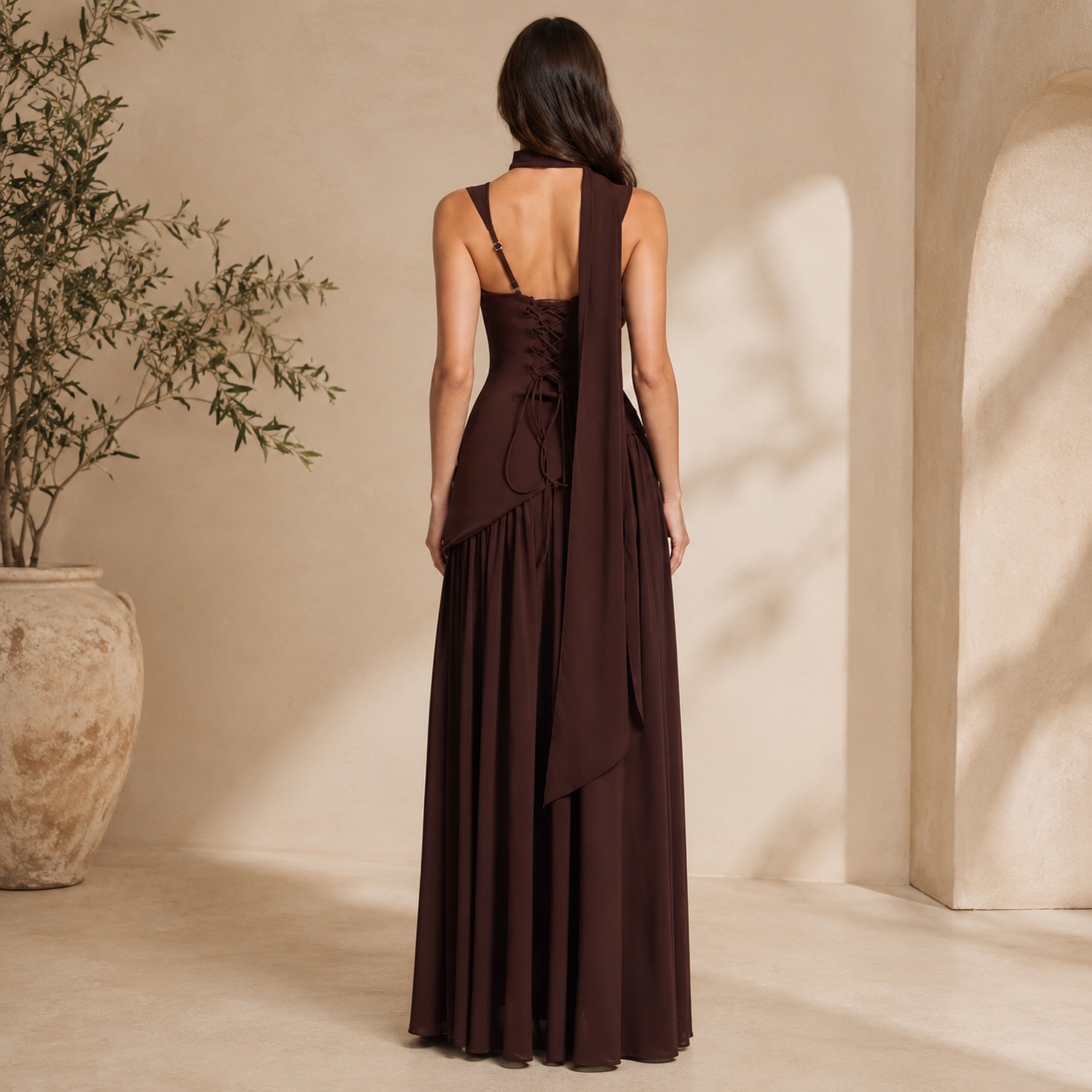 Women's Draped Satin Cocktail Maxi Dress – Sculpted Elegant Silhouette