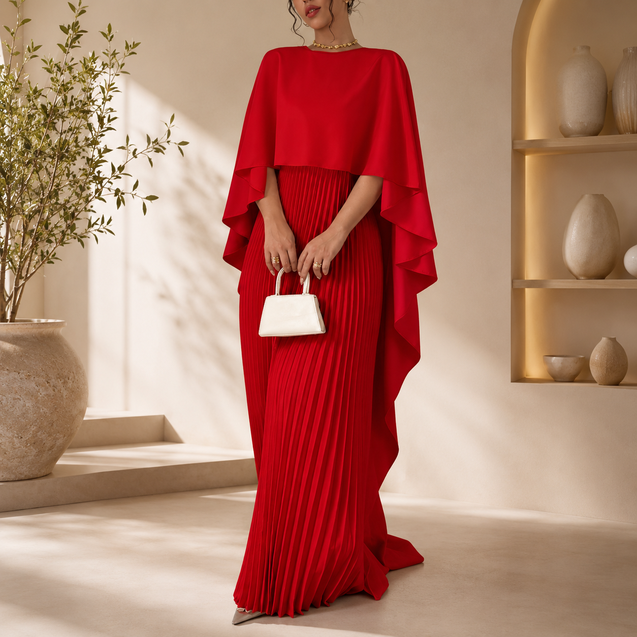Women's Pleated Maxi Dress – High Neck Chiffon Evening Dress